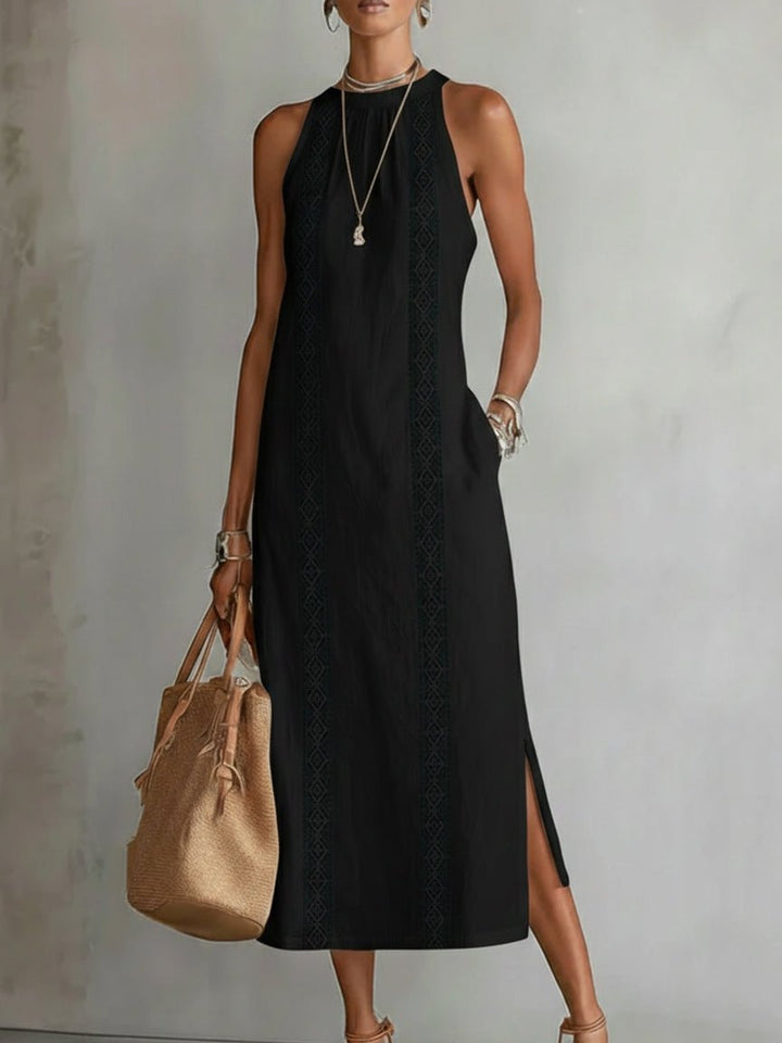 Dames Mouwloze Geborduurd Midi Jurk - Black