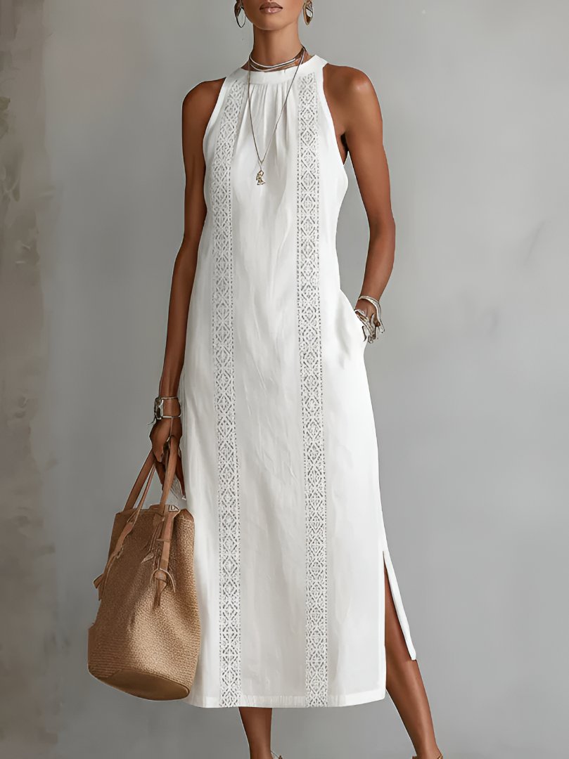 Dames Mouwloze Geborduurd Midi Jurk - White