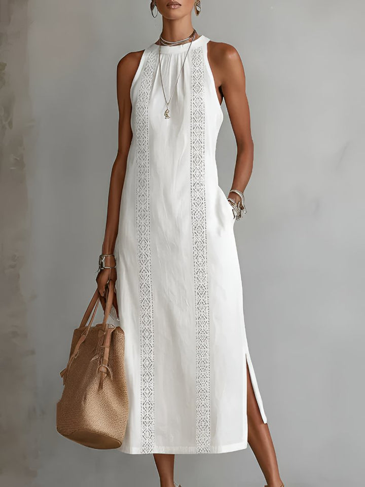 Dames Mouwloze Geborduurd Midi Jurk - White