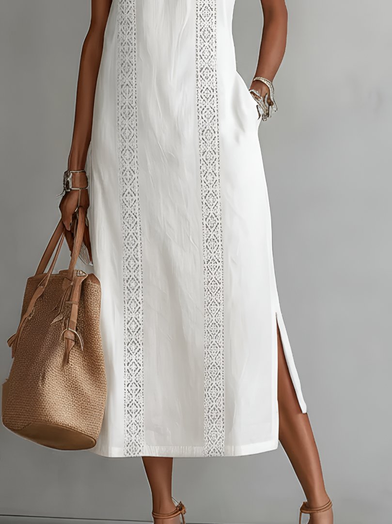 Dames Mouwloze Geborduurd Midi Jurk