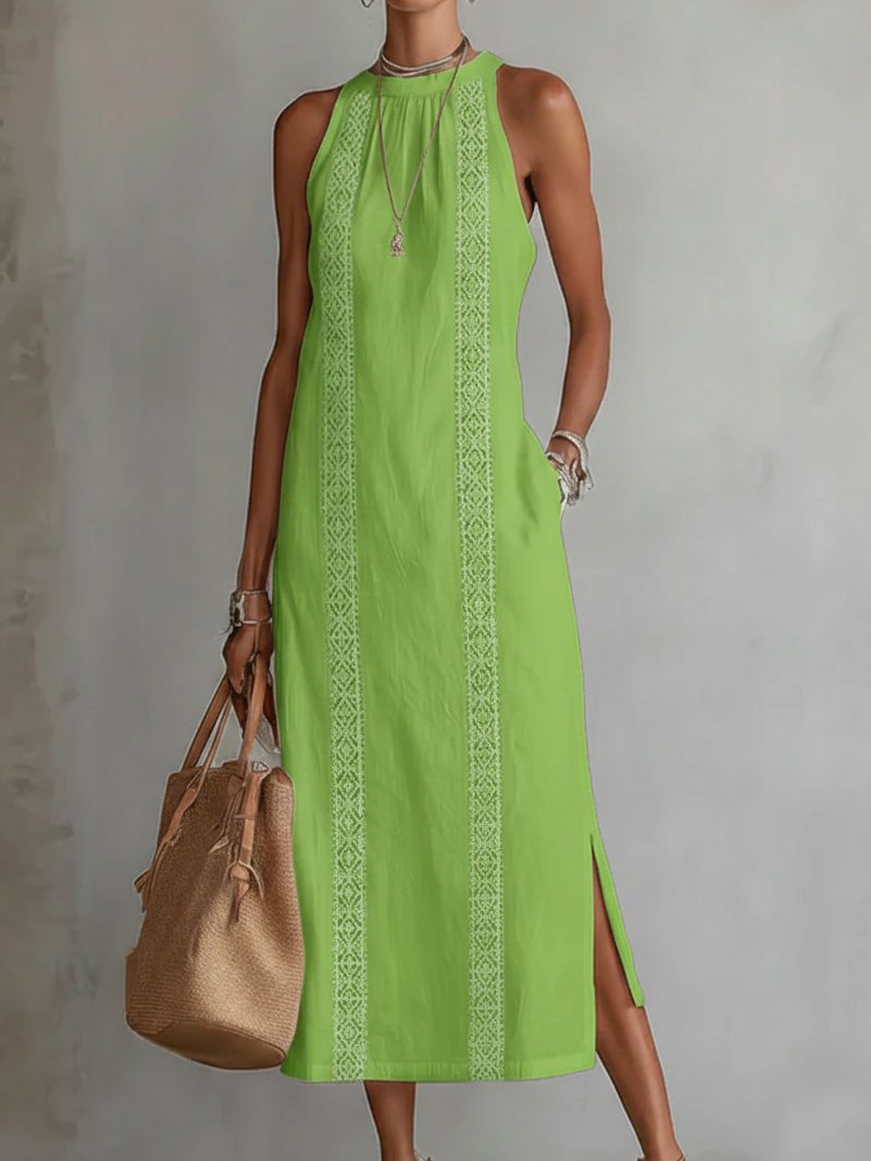 Dames Mouwloze Geborduurd Midi Jurk - Green