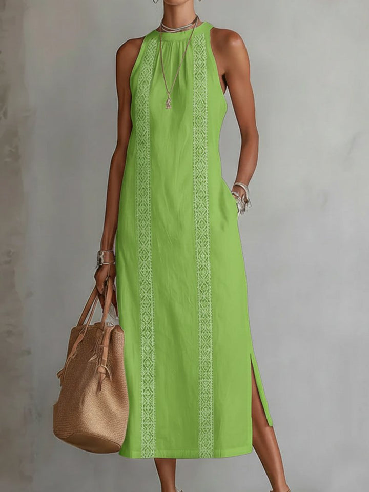 Dames Mouwloze Geborduurd Midi Jurk - Green