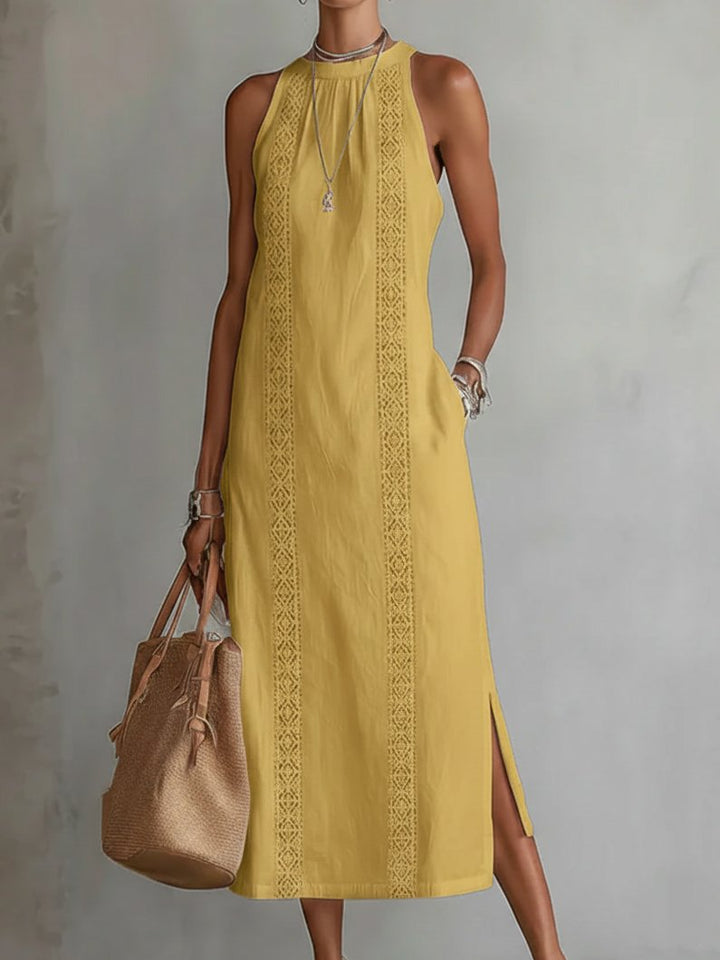 Dames Mouwloze Geborduurd Midi Jurk - Yellow