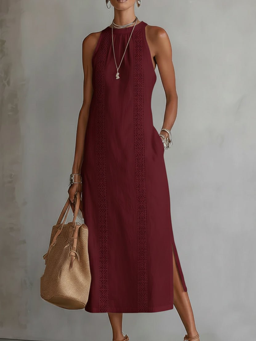 Dames Mouwloze Geborduurd Midi Jurk - Red