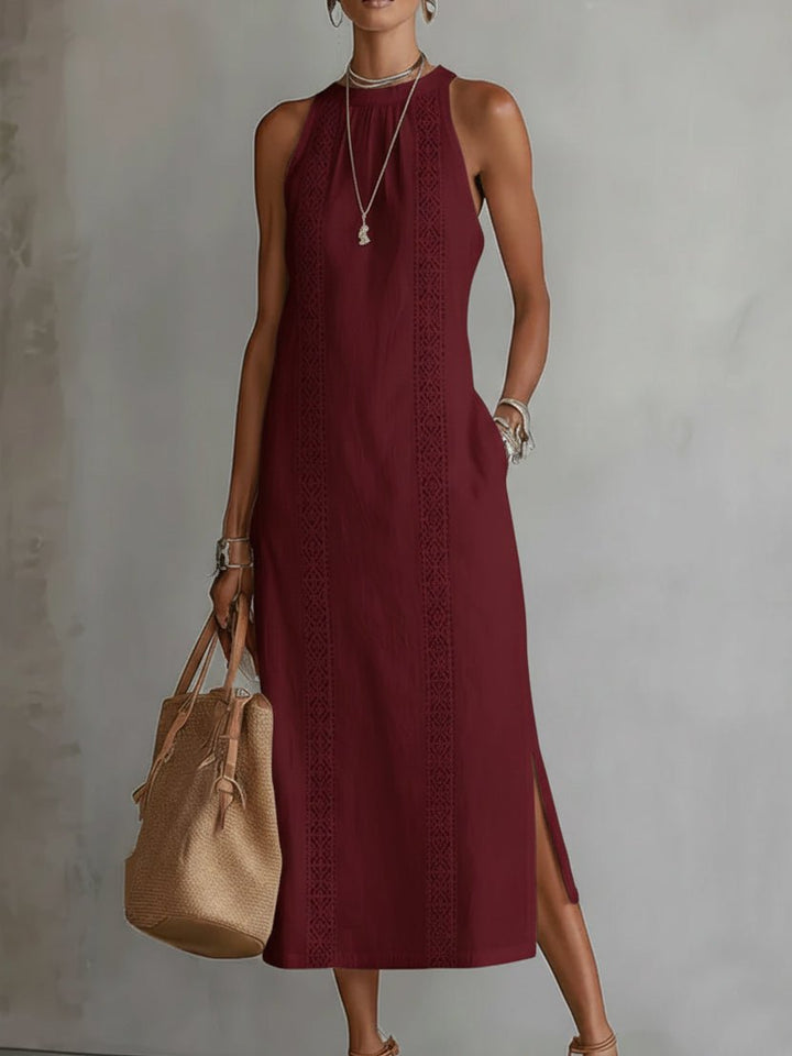 Dames Mouwloze Geborduurd Midi Jurk - Red