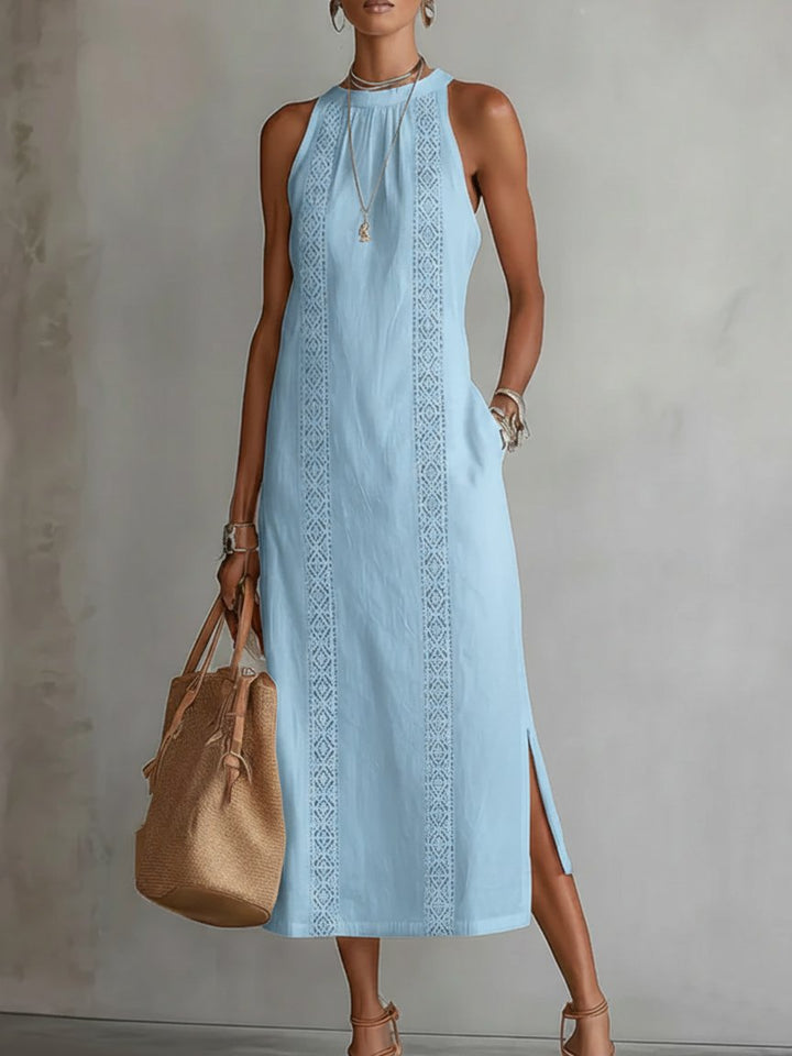 Dames Mouwloze Geborduurd Midi Jurk - Blue