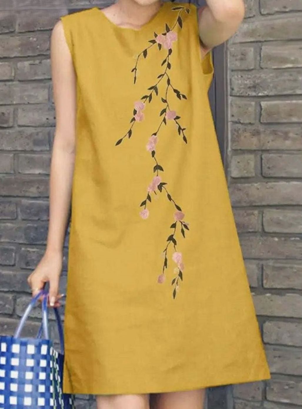 Dames Mouwloze Geborduurde Bloemen Katoenen Zomerjurk