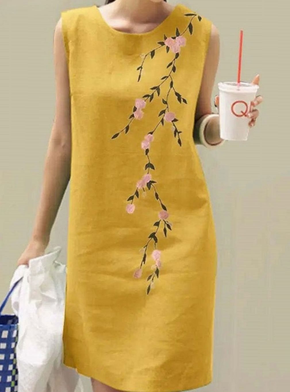 Dames Mouwloze Geborduurde Bloemen Katoenen Zomerjurk