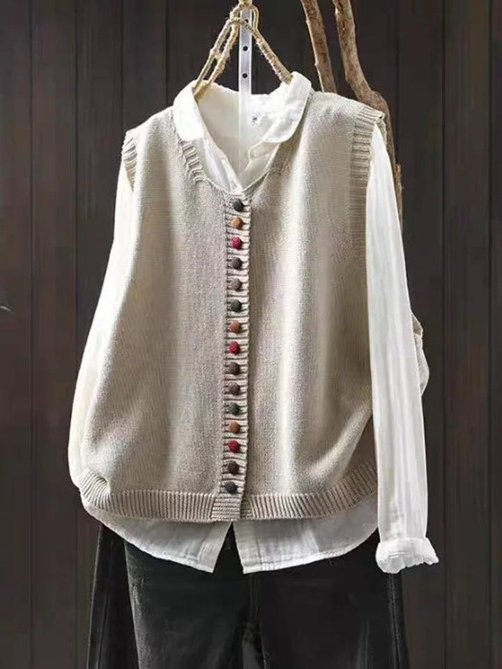 Dames Mouwloze Gebreide Vest Puffer Vest Women Ronde Hals Knoopsluiting - Gebroken wit