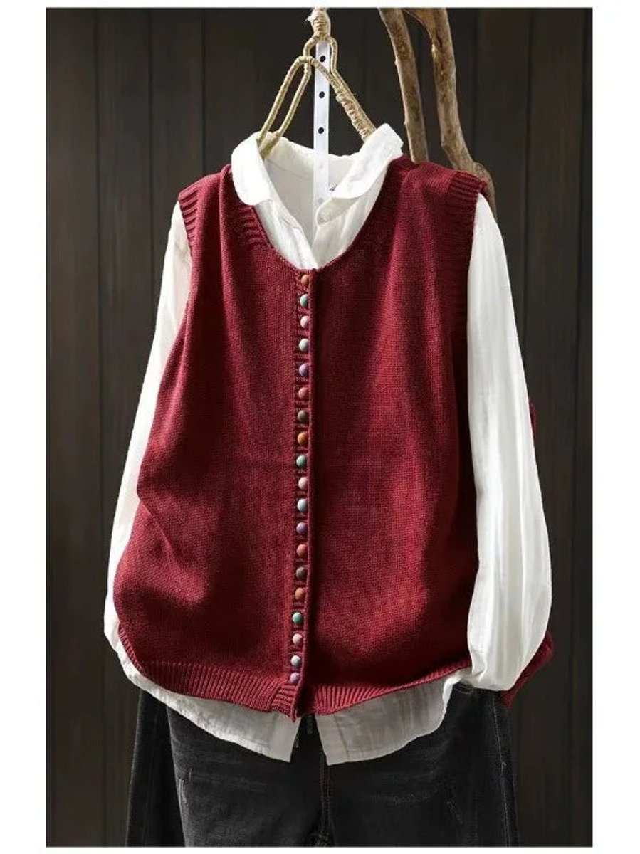 Dames Mouwloze Gebreide Vest Puffer Vest Women Ronde Hals Knoopsluiting - Rood
