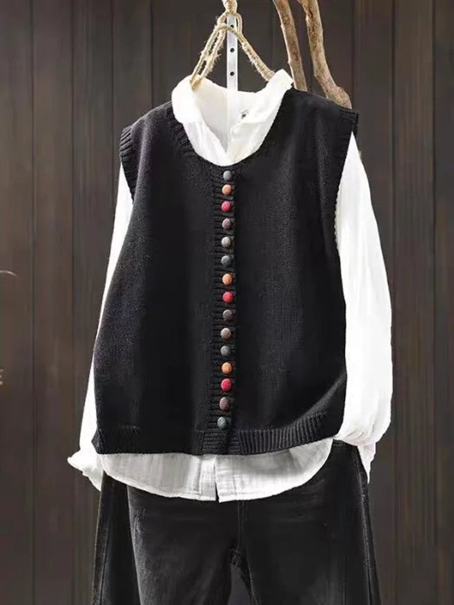 Dames Mouwloze Gebreide Vest Puffer Vest Women Ronde Hals Knoopsluiting - Zwart