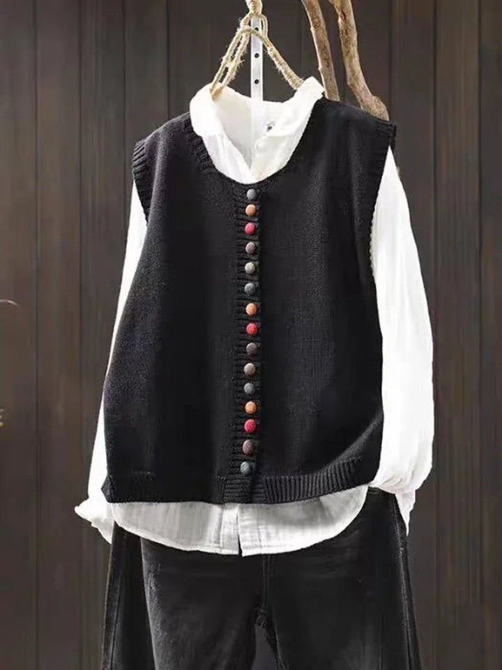 Dames Mouwloze Gebreide Vest Puffer Vest Women Ronde Hals Knoopsluiting - Zwart