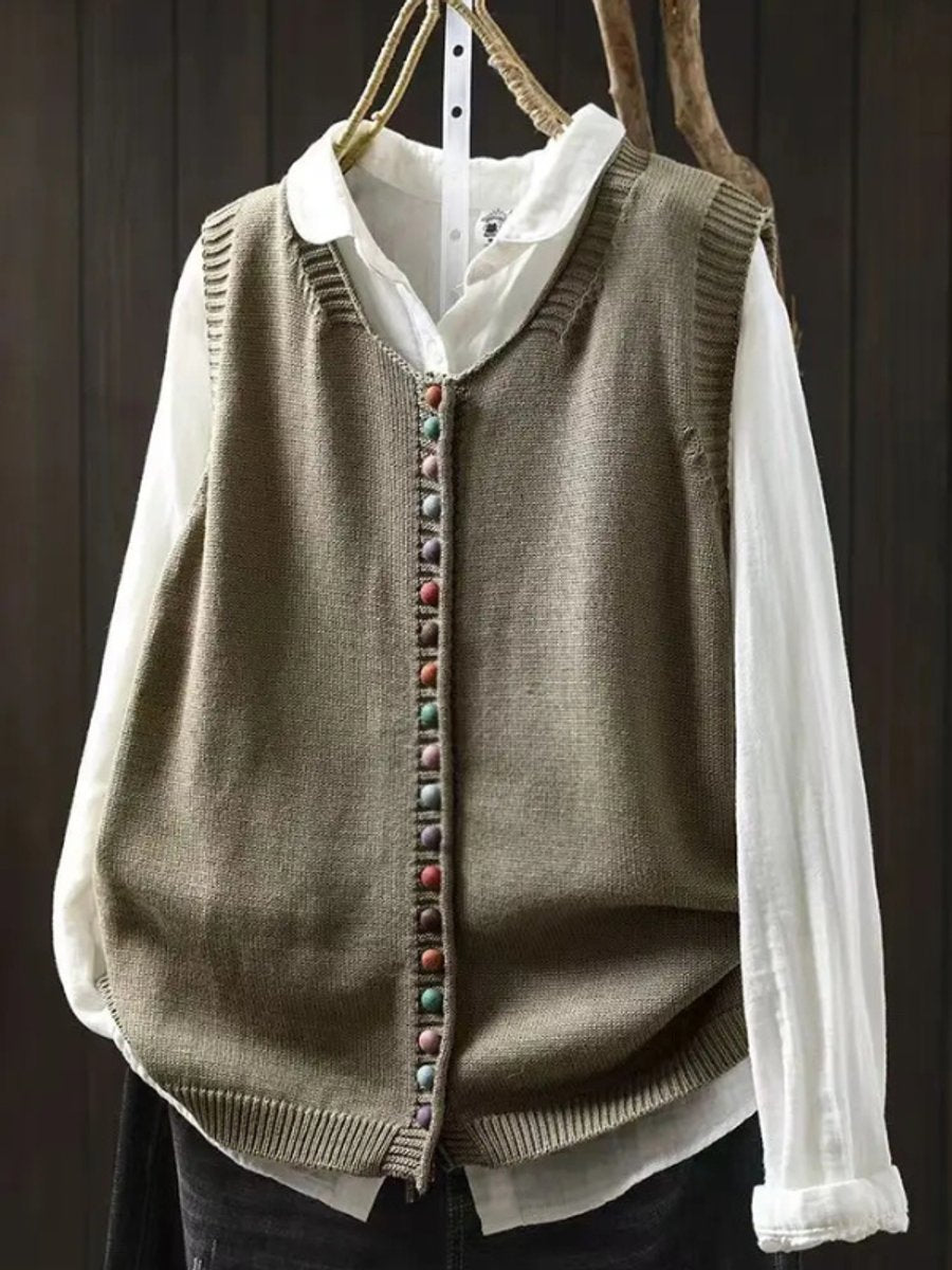Dames Mouwloze Gebreide Vest Puffer Vest Women Ronde Hals Knoopsluiting - Komkommergroen