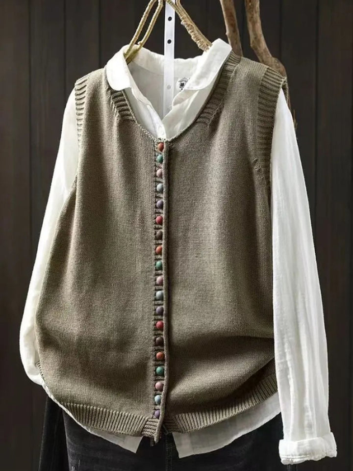 Dames Mouwloze Gebreide Vest Puffer Vest Women Ronde Hals Knoopsluiting - Komkommergroen