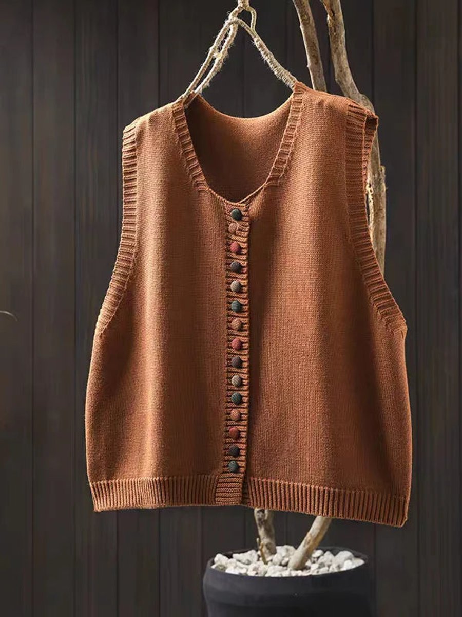 Dames Mouwloze Gebreide Vest Puffer Vest Women Ronde Hals Knoopsluiting - Oranje