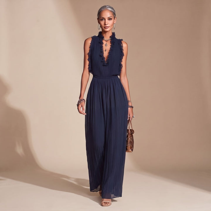 Dames Mouwloze Geplooide Jumpsuit met Kanten Rand en Diepe V-hals