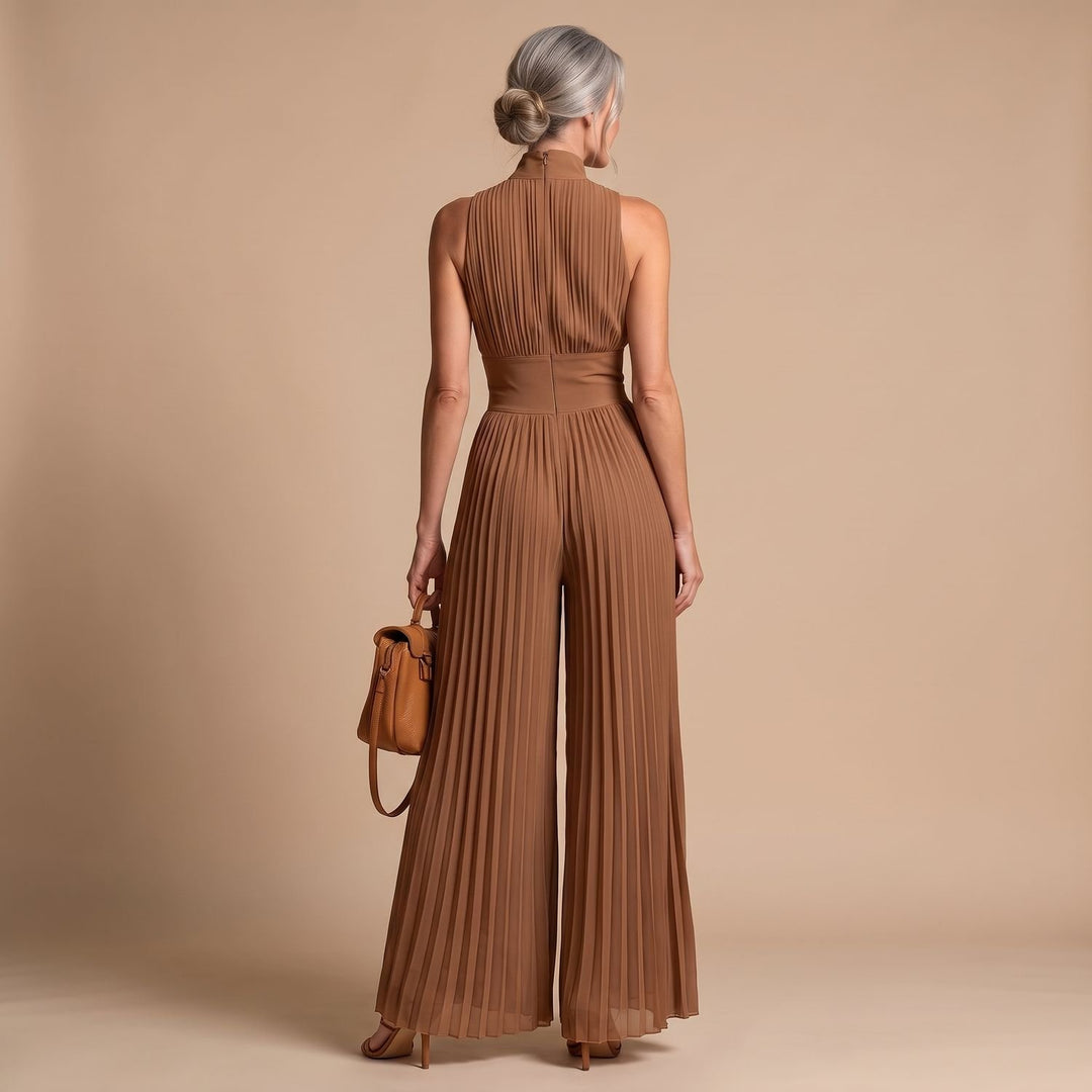 Dames Mouwloze Geplooide Wide Leg Jumpsuit met Diepe V-hals