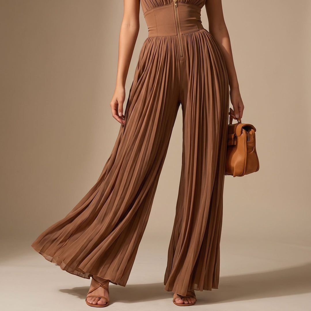 Dames Mouwloze Geplooide Wide Leg Jumpsuit met Diepe V-hals