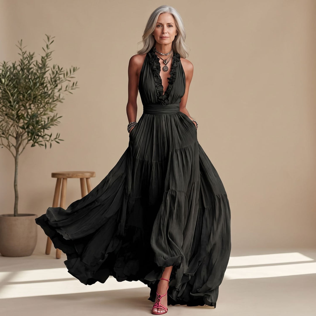 Dames Mouwloze Halter Maxi Jurk met Diepe V-hals en Ruches