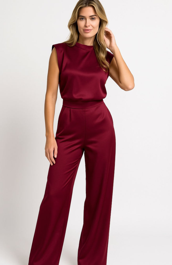 Dames Mouwloze Jumpsuit Wijde Pijpen Satijnlook Open Rug - Wijnrood