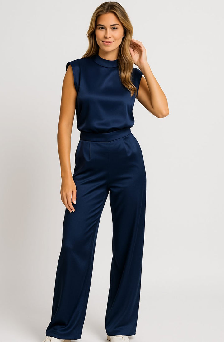 Dames Mouwloze Jumpsuit Wijde Pijpen Satijnlook Open Rug - Marineblauw