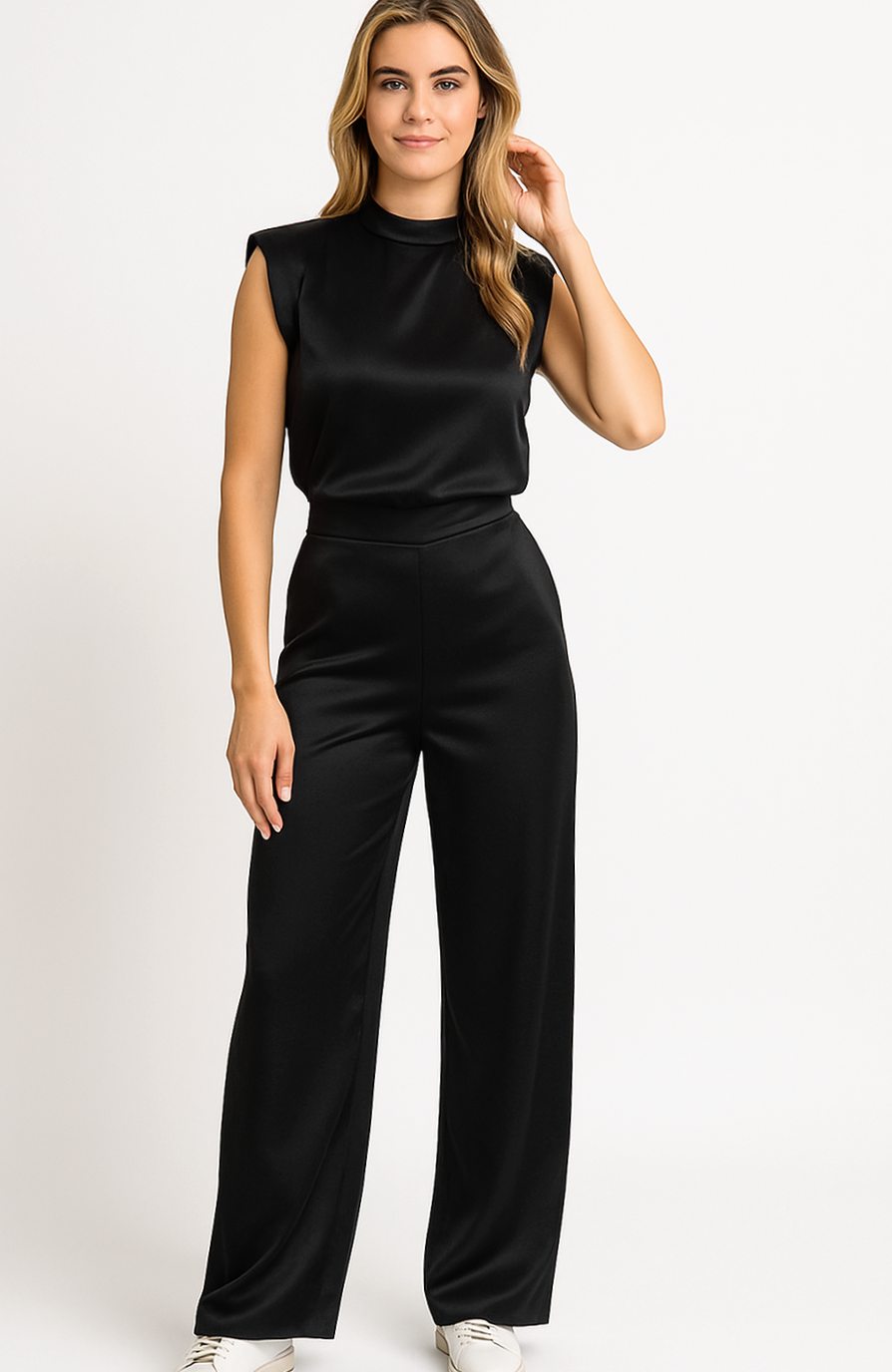 Dames Mouwloze Jumpsuit Wijde Pijpen Satijnlook Open Rug - Zwart (laatste stuks)