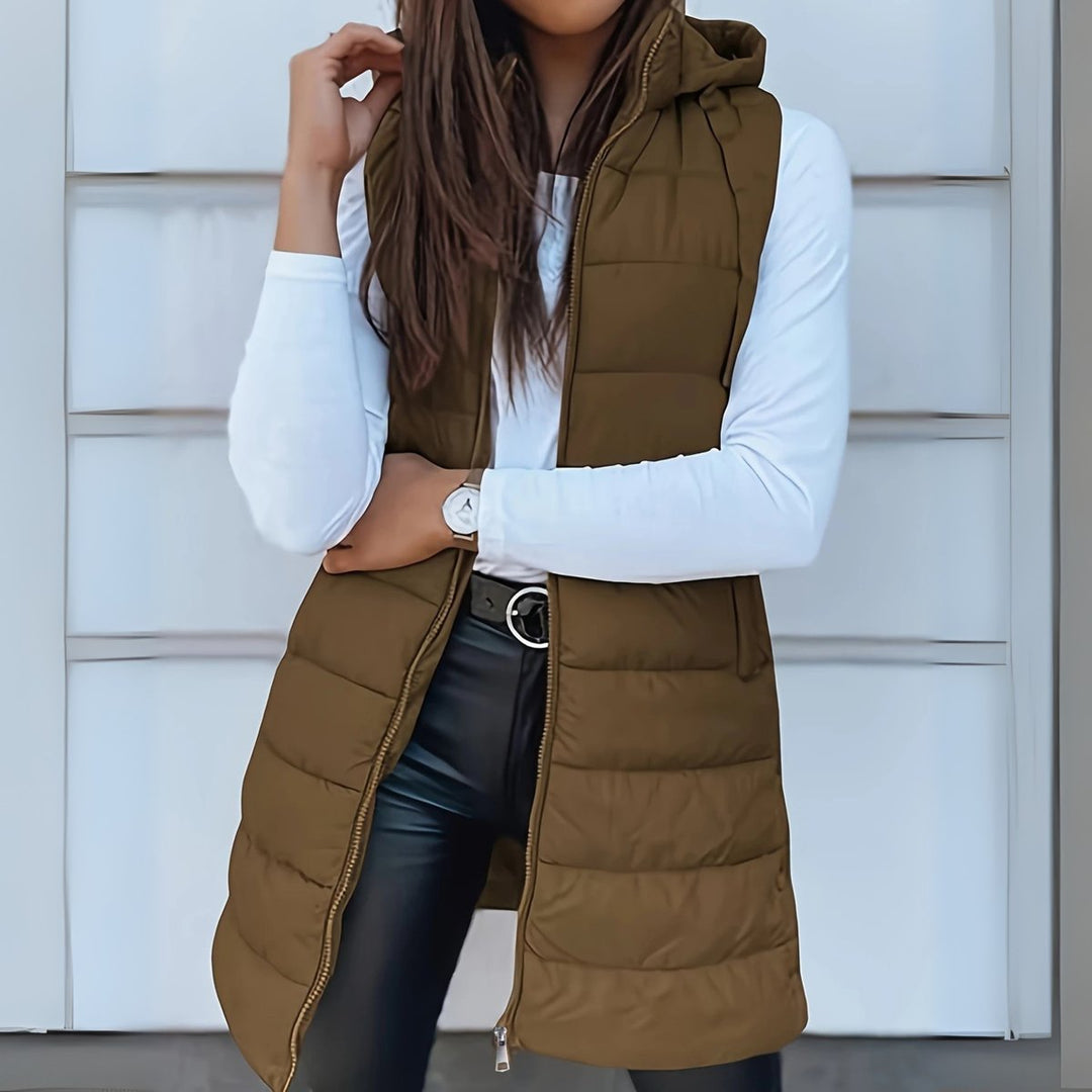 Dames Mouwloze Lange Gewatteerde Puffer Vest met Capuchon - Khaki
