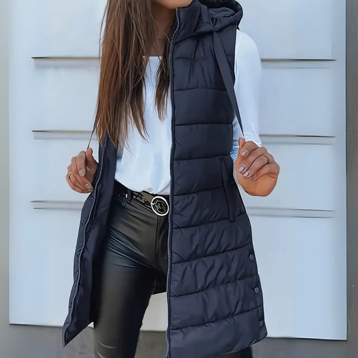 Dames Mouwloze Lange Gewatteerde Puffer Vest met Capuchon - Marineblauw