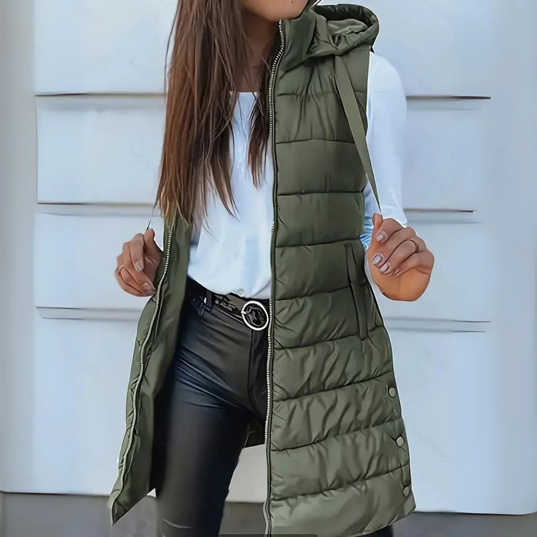 Dames Mouwloze Lange Gewatteerde Puffer Vest met Capuchon - Olijfgroen
