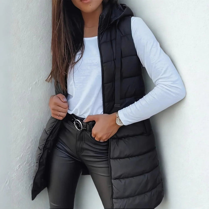 Dames Mouwloze Lange Gewatteerde Puffer Vest met Capuchon - Zwart