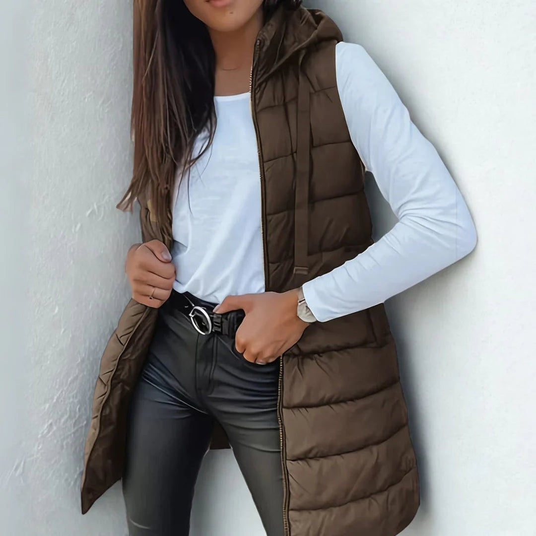 Dames Mouwloze Lange Gewatteerde Puffer Vest met Capuchon - Bruin