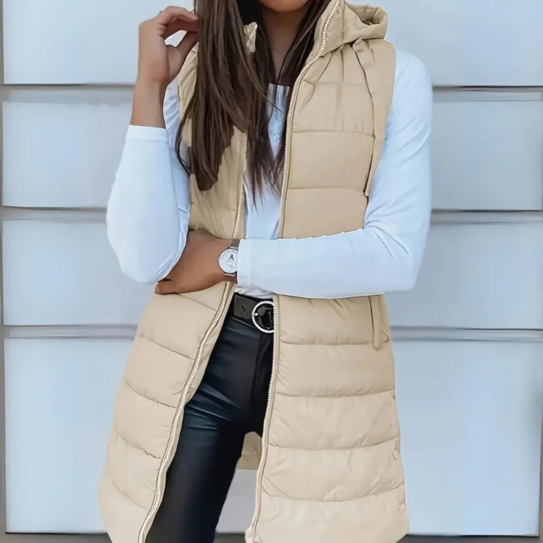 Dames Mouwloze Lange Gewatteerde Puffer Vest met Capuchon - Beige