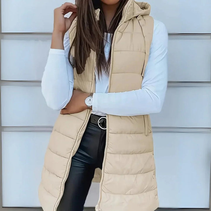 Dames Mouwloze Lange Gewatteerde Puffer Vest met Capuchon - Beige