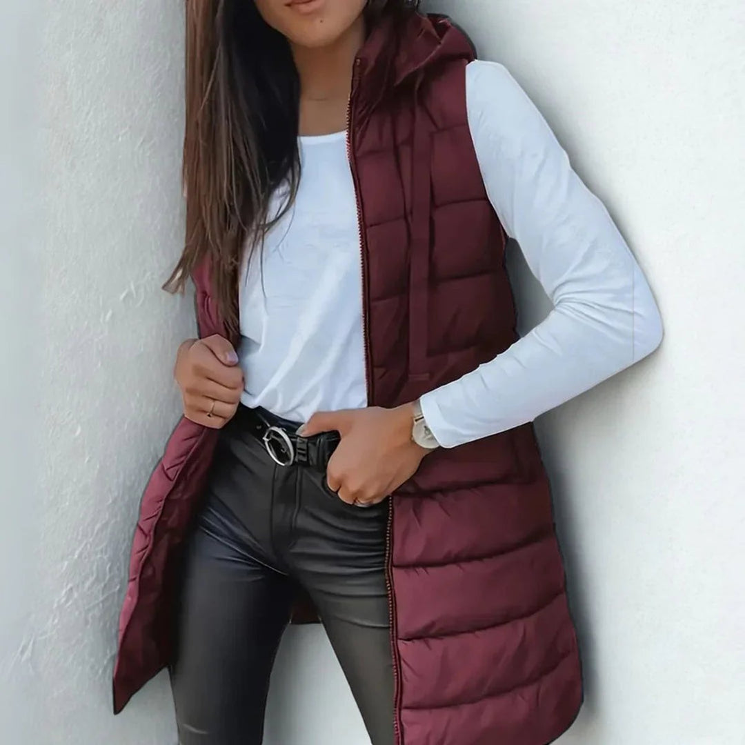 Dames Mouwloze Lange Gewatteerde Puffer Vest met Capuchon - Kastanjebruin