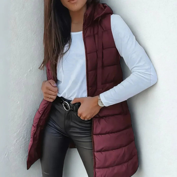 Dames Mouwloze Lange Gewatteerde Puffer Vest met Capuchon - Kastanjebruin