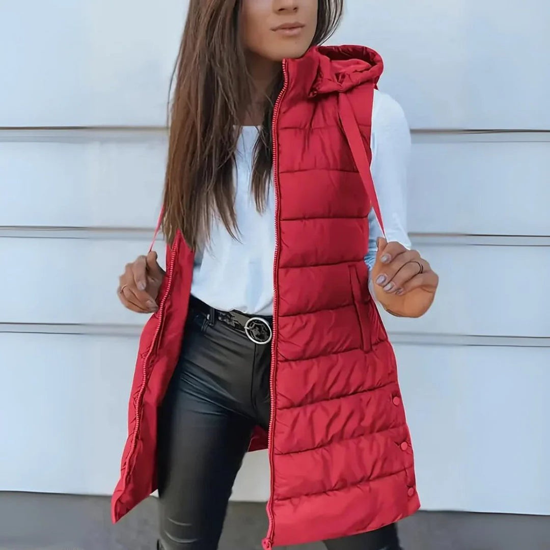 Dames Mouwloze Lange Gewatteerde Puffer Vest met Capuchon - Rood