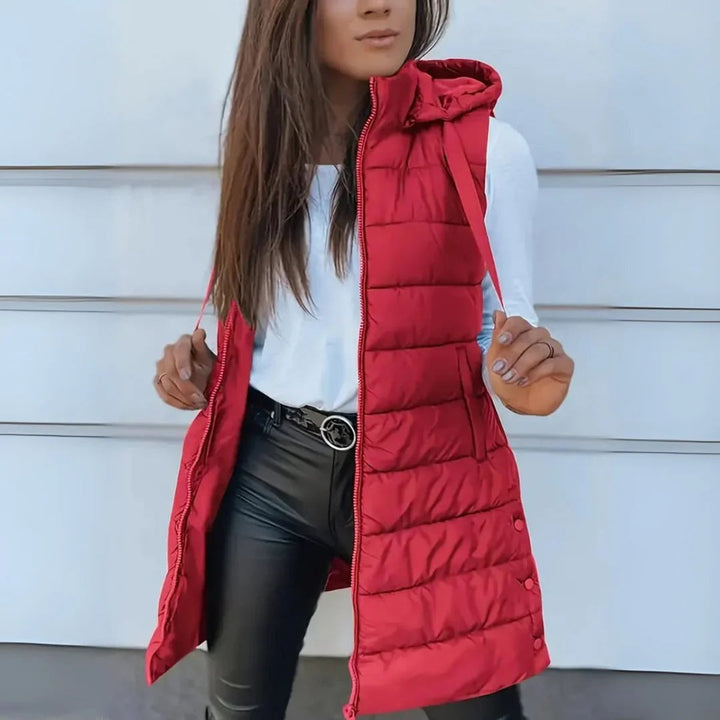 Dames Mouwloze Lange Gewatteerde Puffer Vest met Capuchon - Rood