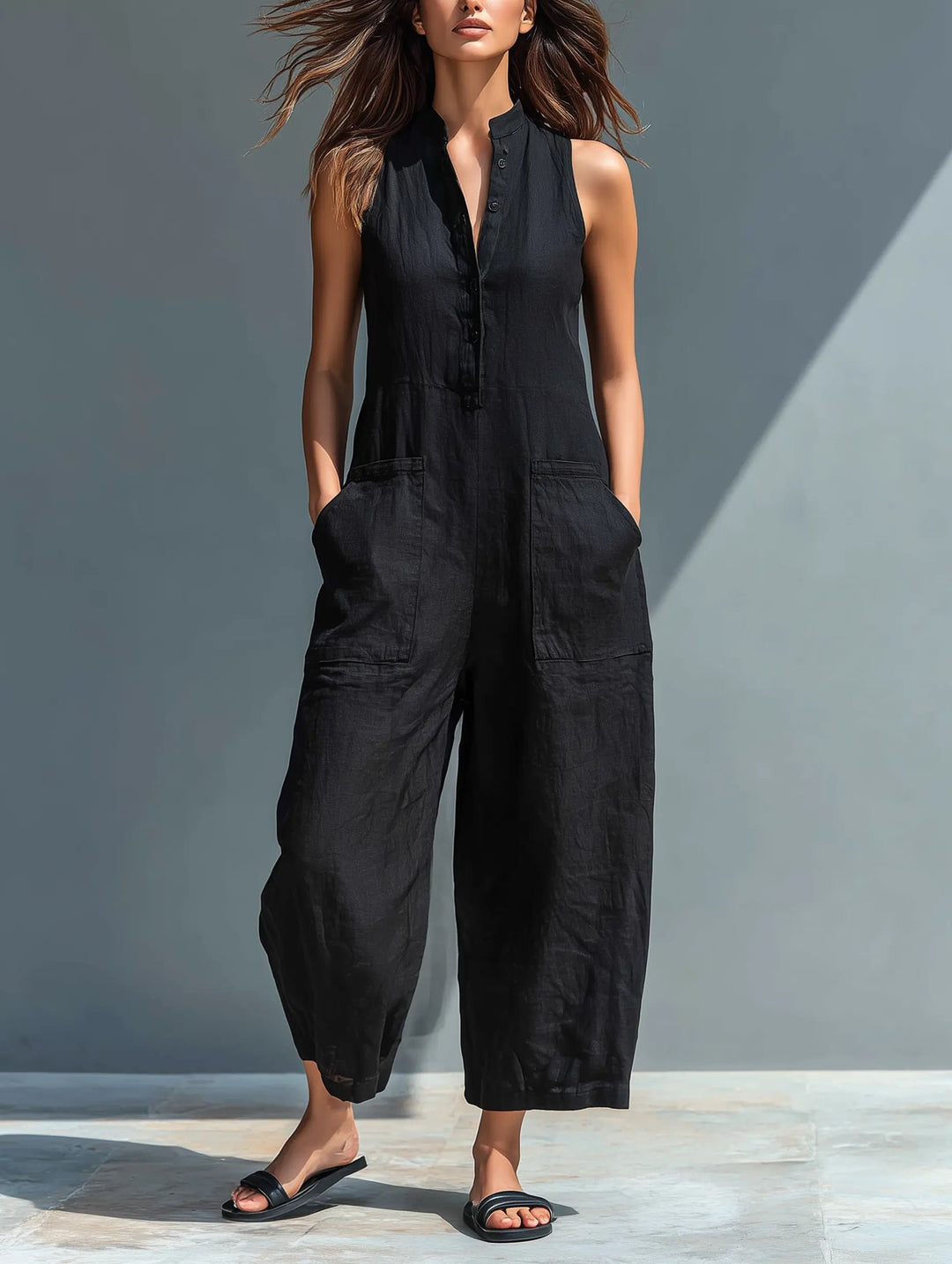 Dames Mouwloze Linen Jumpsuit met Staande Kraag - Black