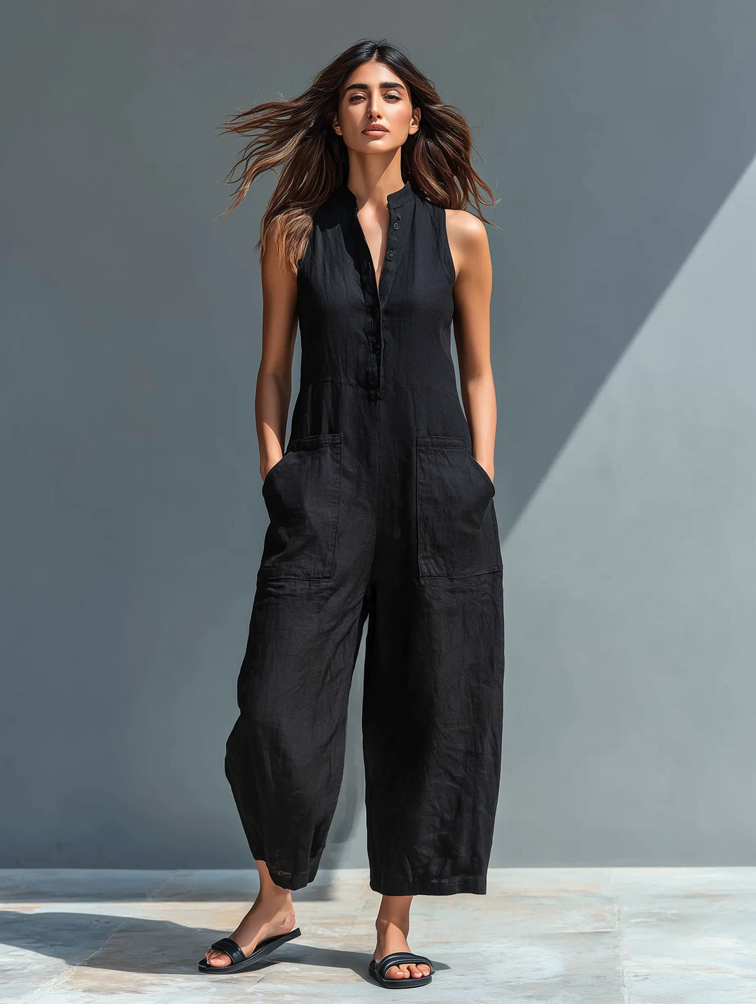 Dames Mouwloze Linen Jumpsuit met Staande Kraag