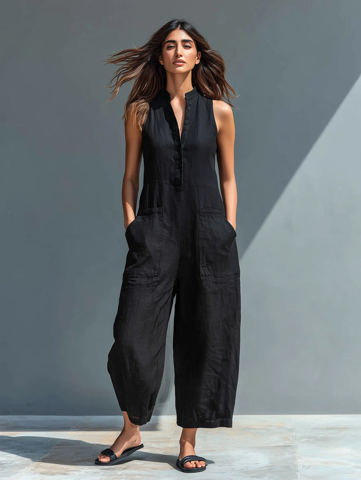 Dames Mouwloze Linen Jumpsuit met Staande Kraag