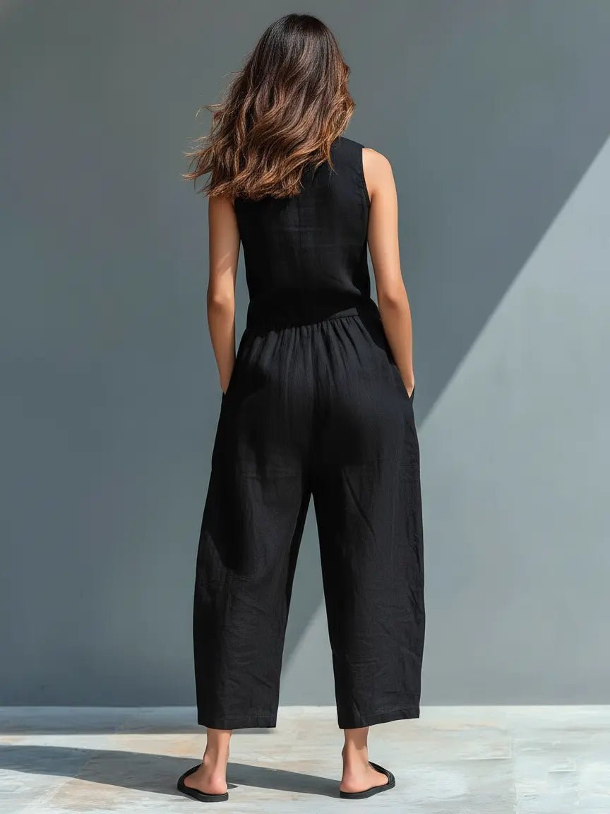 Dames Mouwloze Linen Jumpsuit met Staande Kraag