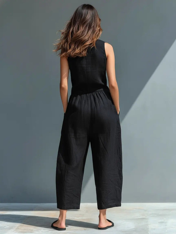 Dames Mouwloze Linen Jumpsuit met Staande Kraag