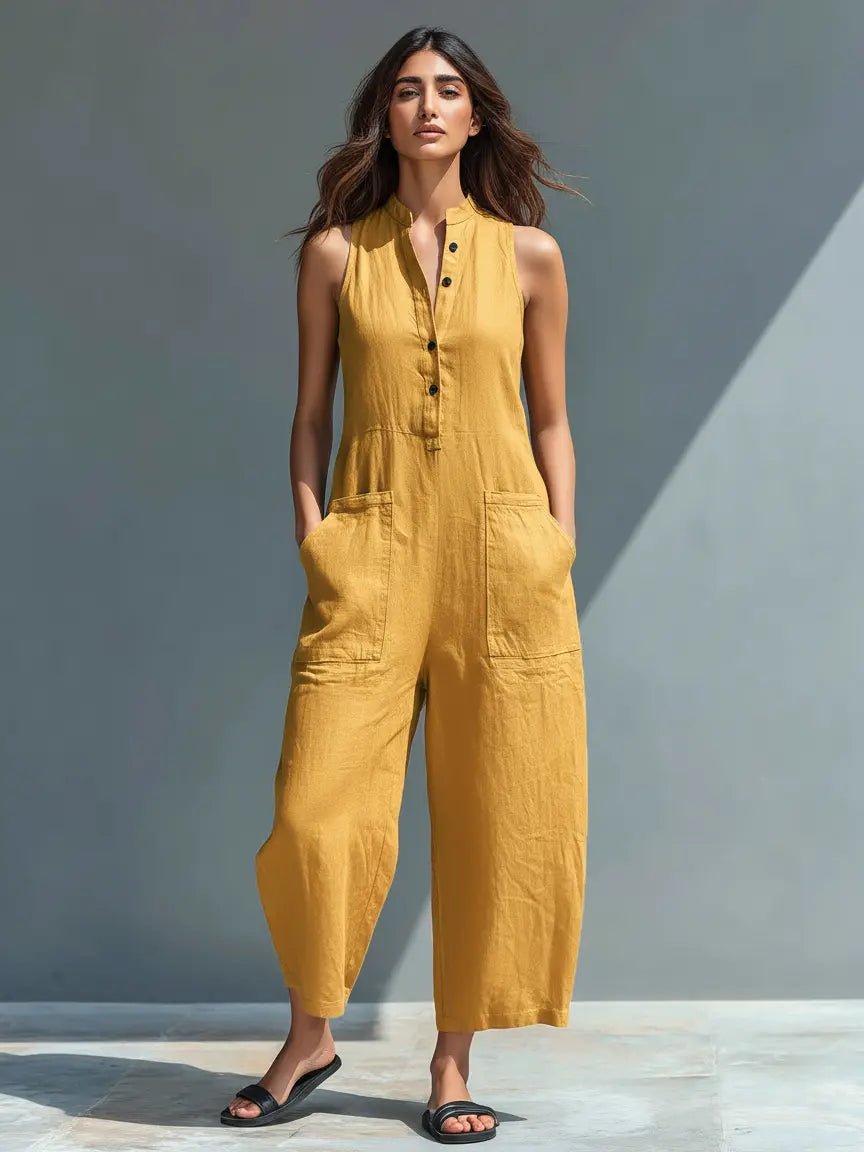 Dames Mouwloze Linen Jumpsuit met Staande Kraag - Yellow