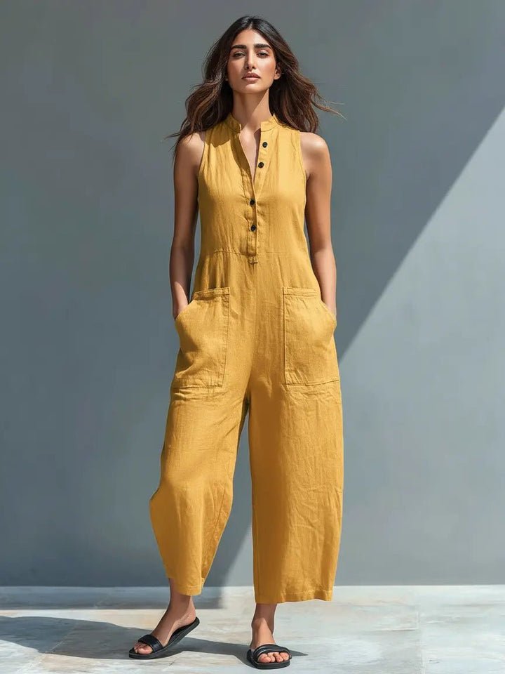 Dames Mouwloze Linen Jumpsuit met Staande Kraag - Yellow