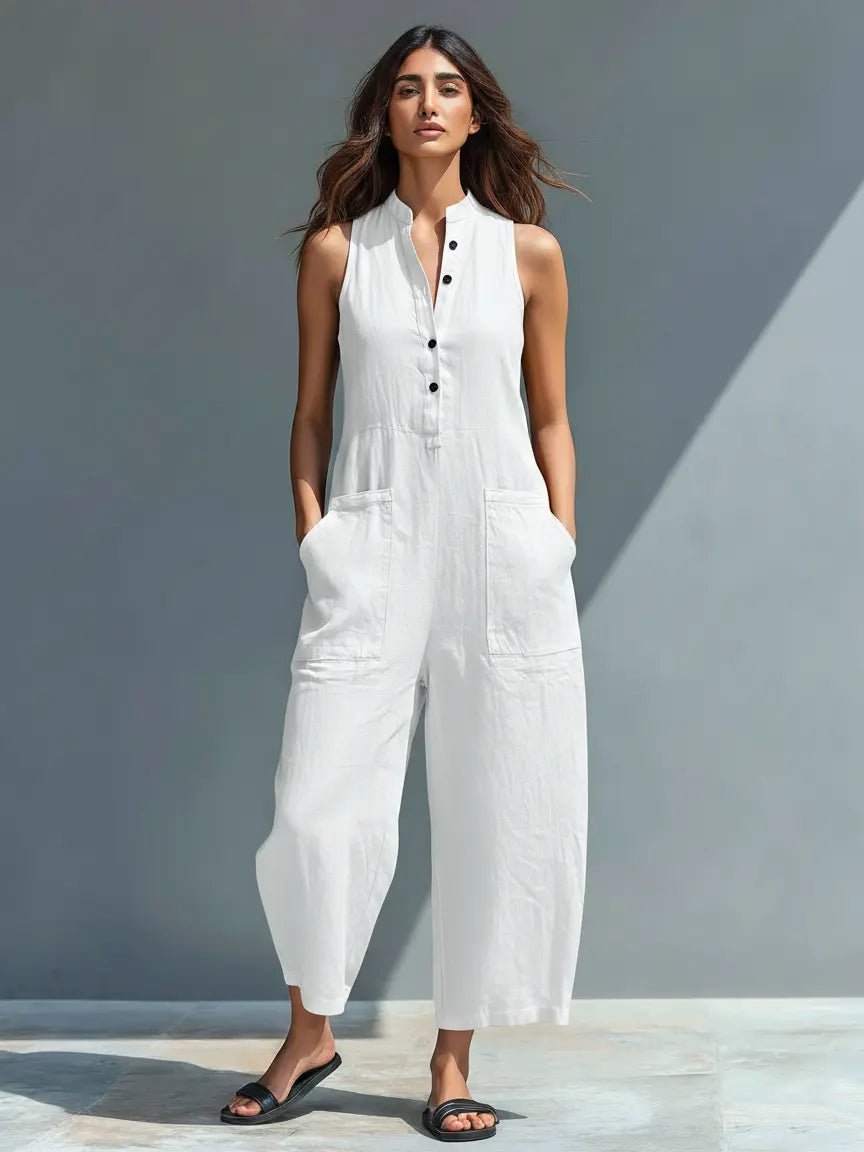 Dames Mouwloze Linen Jumpsuit met Staande Kraag - White