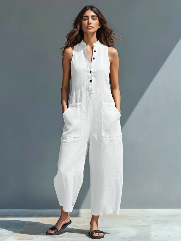 Dames Mouwloze Linen Jumpsuit met Staande Kraag - White