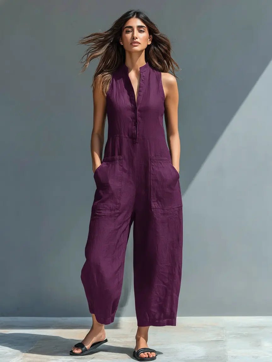 Dames Mouwloze Linen Jumpsuit met Staande Kraag - Purple