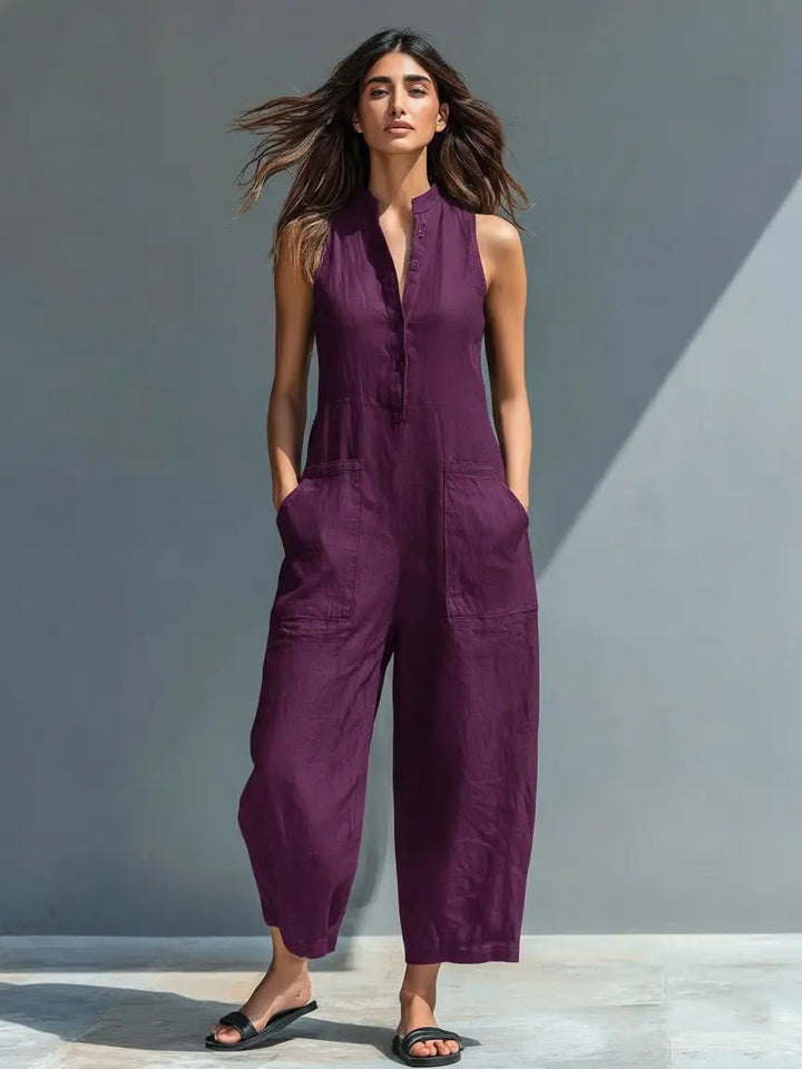 Dames Mouwloze Linen Jumpsuit met Staande Kraag - Purple