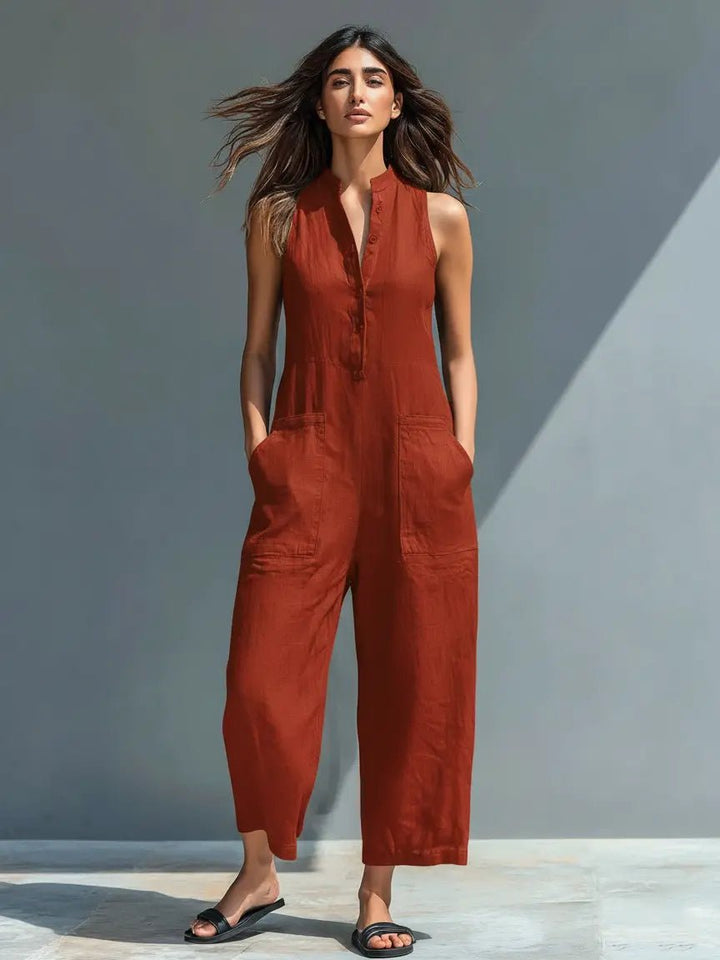 Dames Mouwloze Linen Jumpsuit met Staande Kraag - Rust Red
