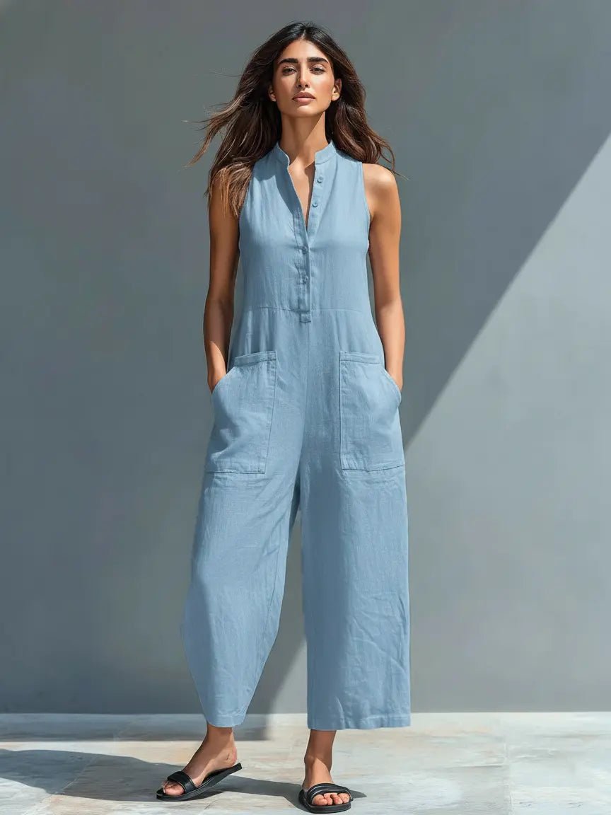 Dames Mouwloze Linen Jumpsuit met Staande Kraag - Blue